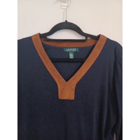 Lauren Ralph Lauren Faux Suede Trim Tunic Large Navy Blue Long Sleeve Preppy - Picture 4 of 7